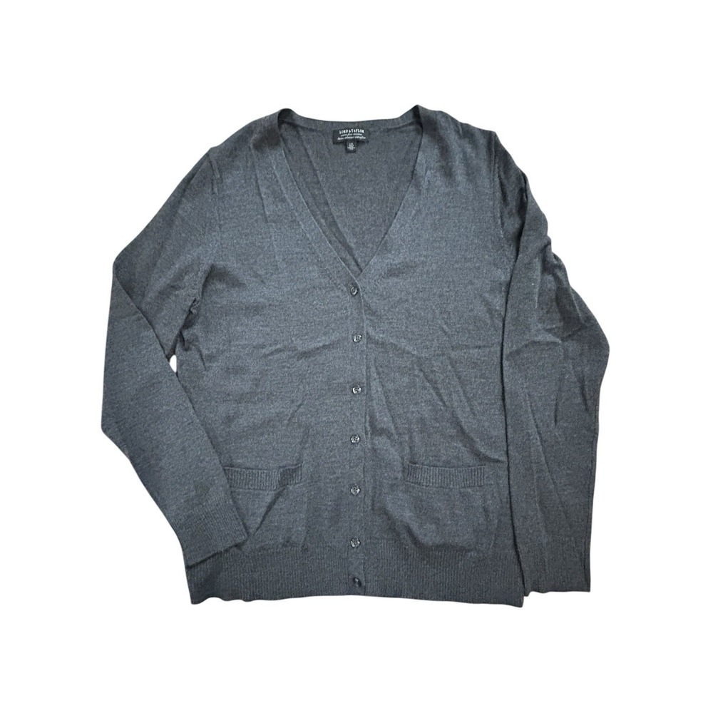 Vintage Lord & Taylor Extra Merino Wool Gray V-Neck Cardigan Sweater Mens Sz L